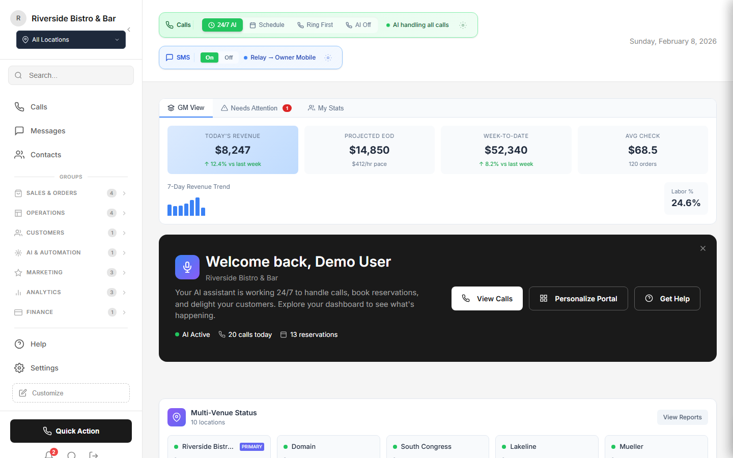 SGA Client Portal Dashboard - Revenue tracking, AI call handling, multi-venue management