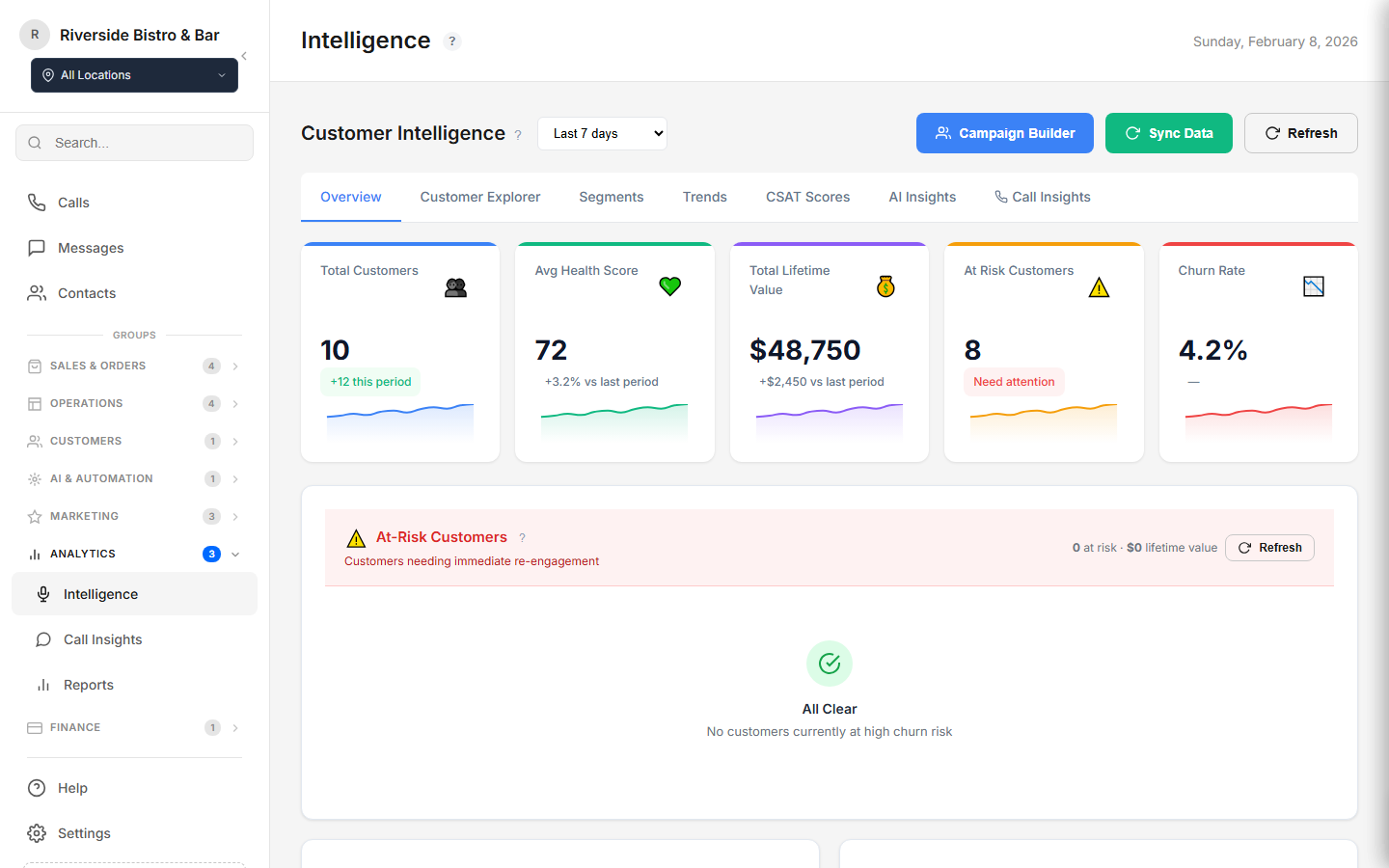 Customer Intelligence - Health scores, lifetime value, churn risk, segmentation